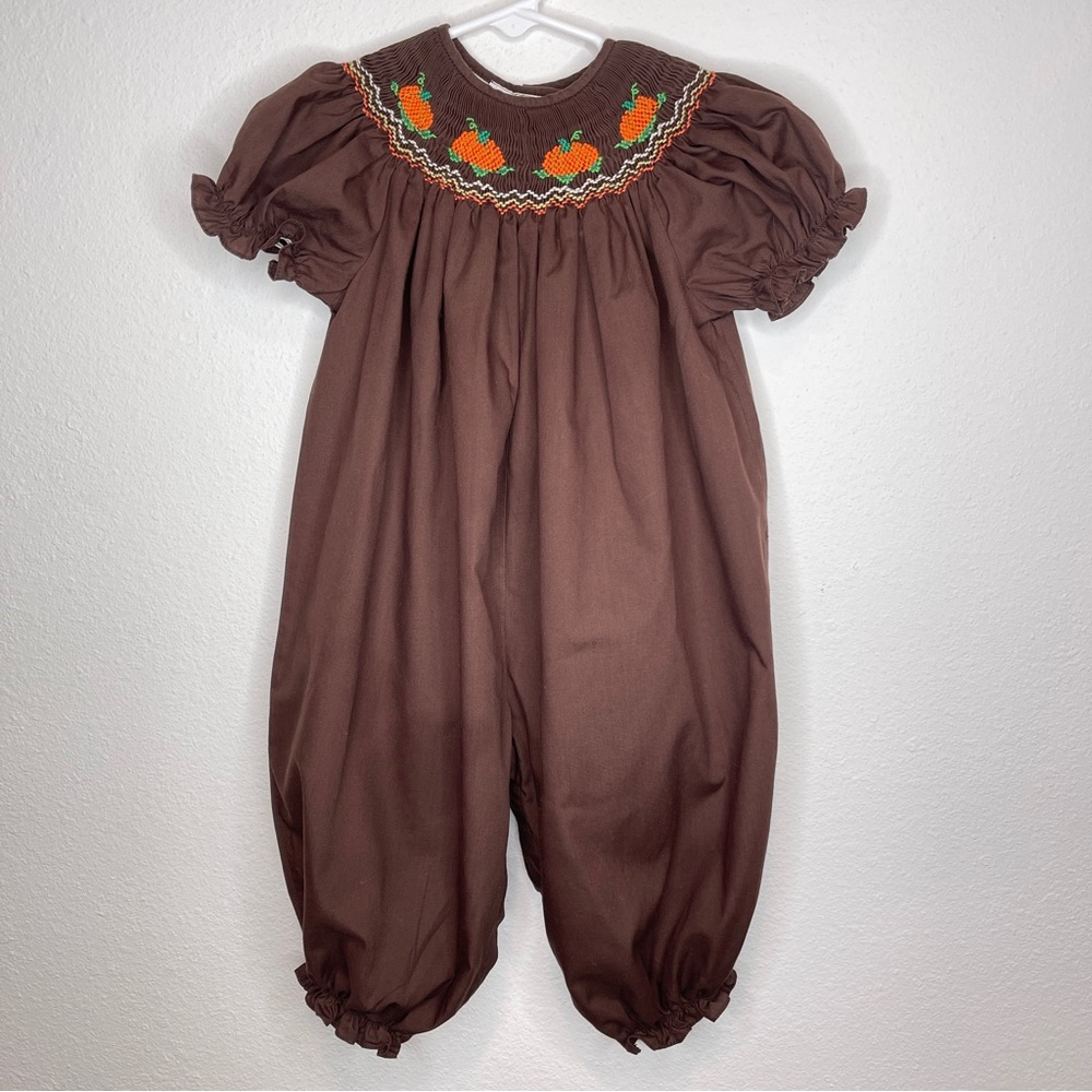 brown smocked pumpkin bubble romper sz 24 mo